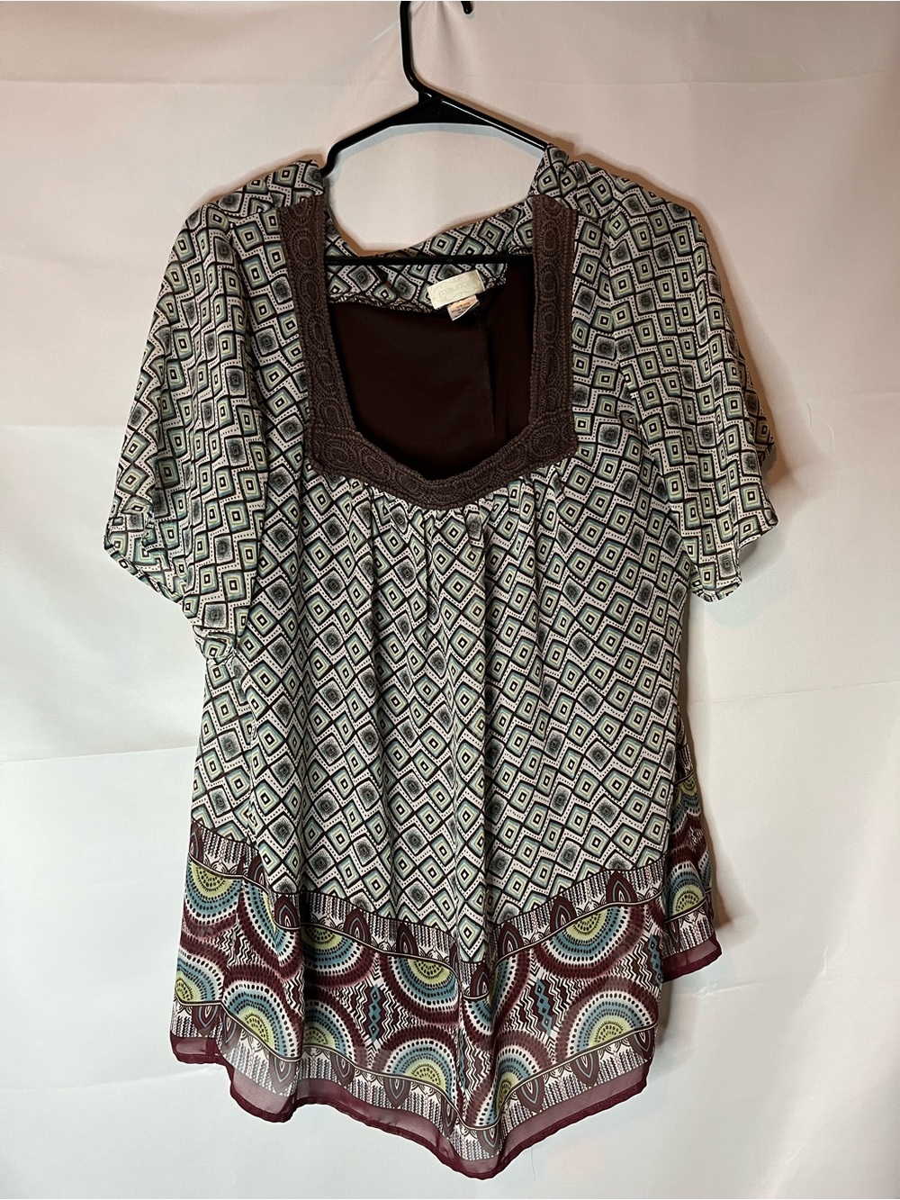 Maurices Olive and Brown Geometric Short Sleeve Blouse